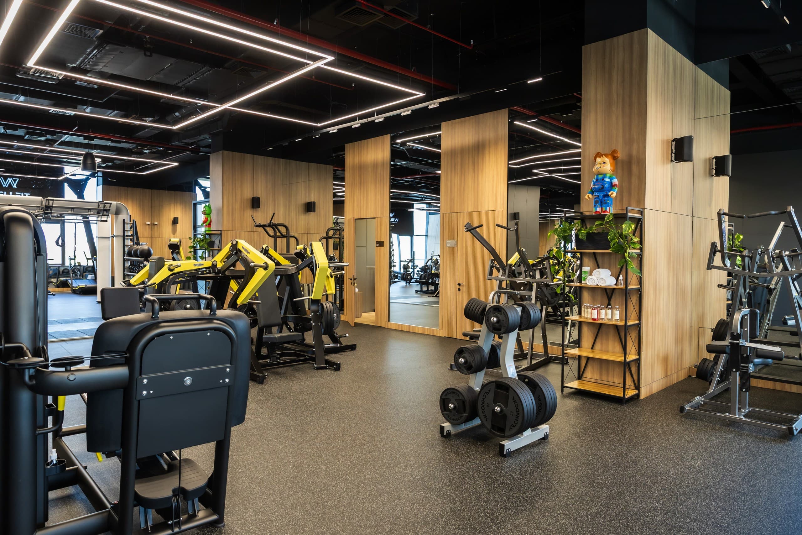 Dark premium gym interior at WellFit.uz Fitness & Spa